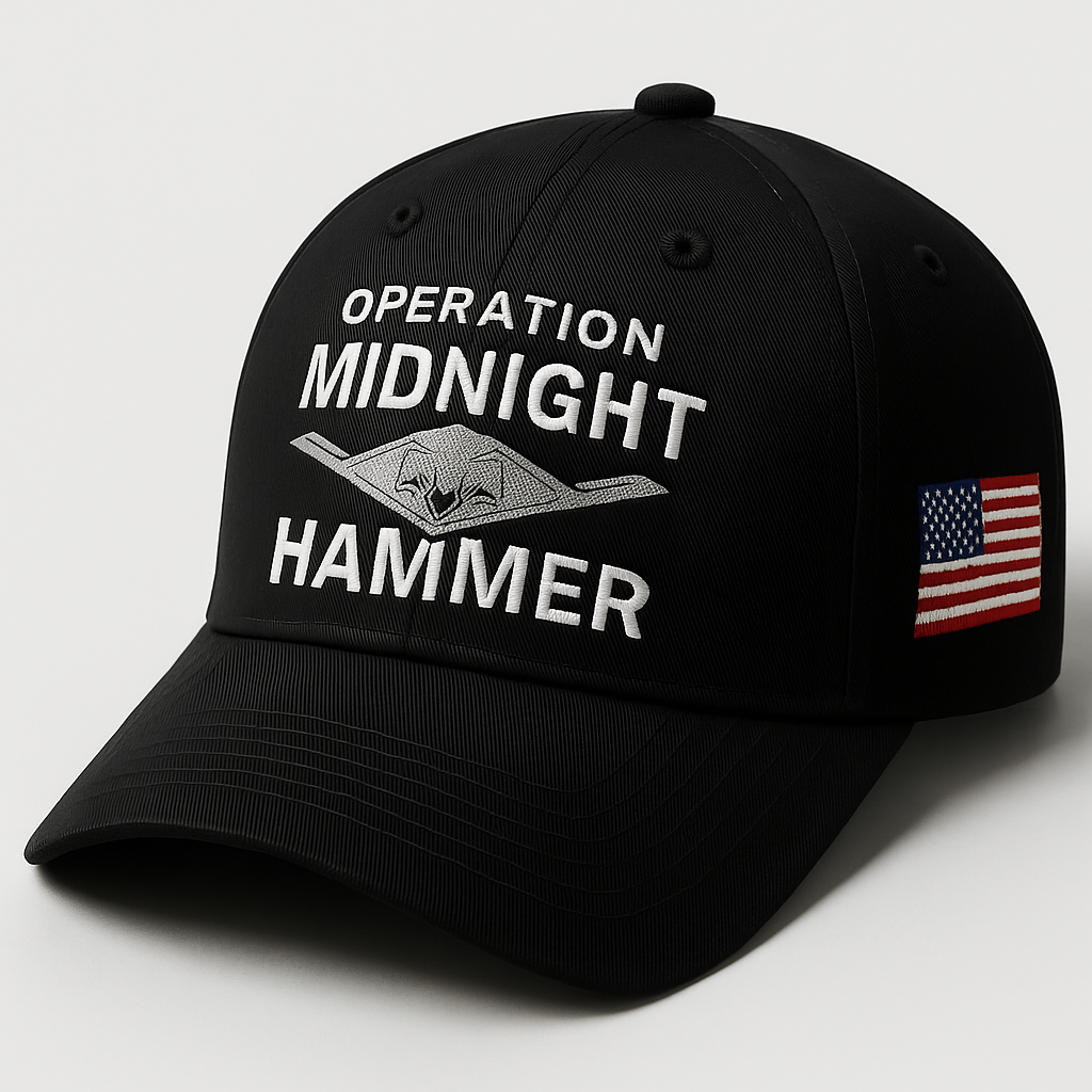 Operation Midnight Hammer Cap – Black Hat with Stealth Bomber and American Flag Patch