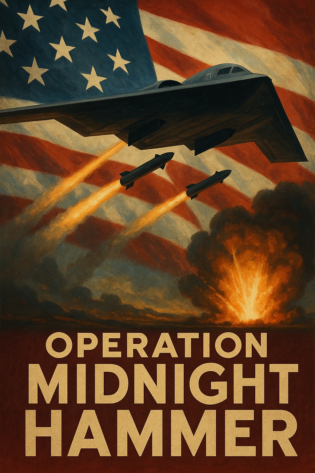 Operation Midnight Hammer poster showing B‑2 stealth strike mission on Iran